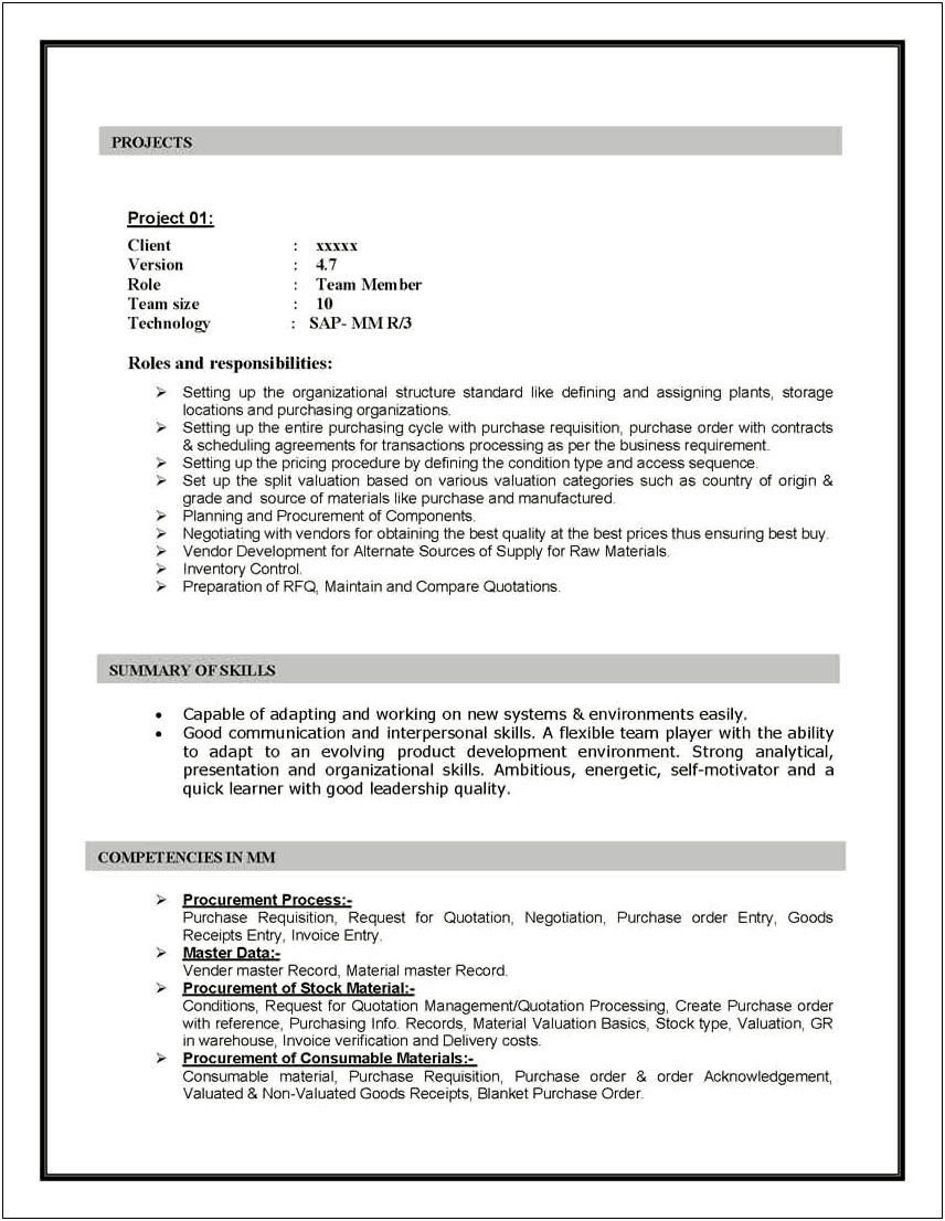 Resume Sample For Sap Mm Consultant