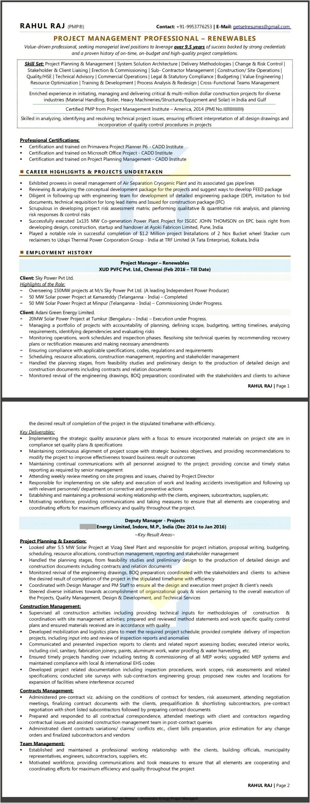 Resume Sample For Solar Project Manager