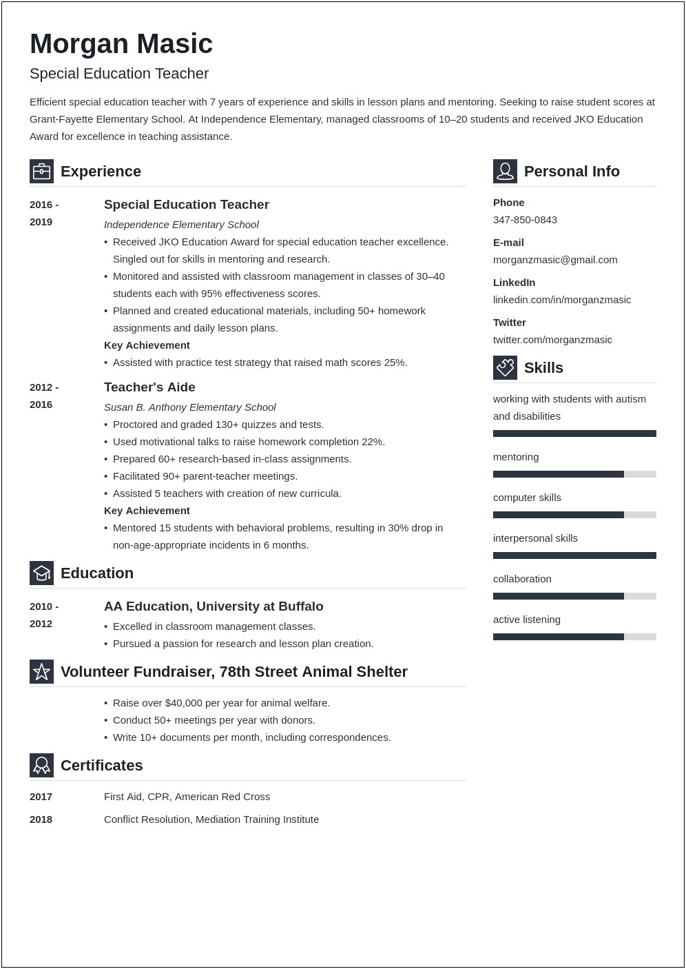Resume Sample For Teachers Special Education