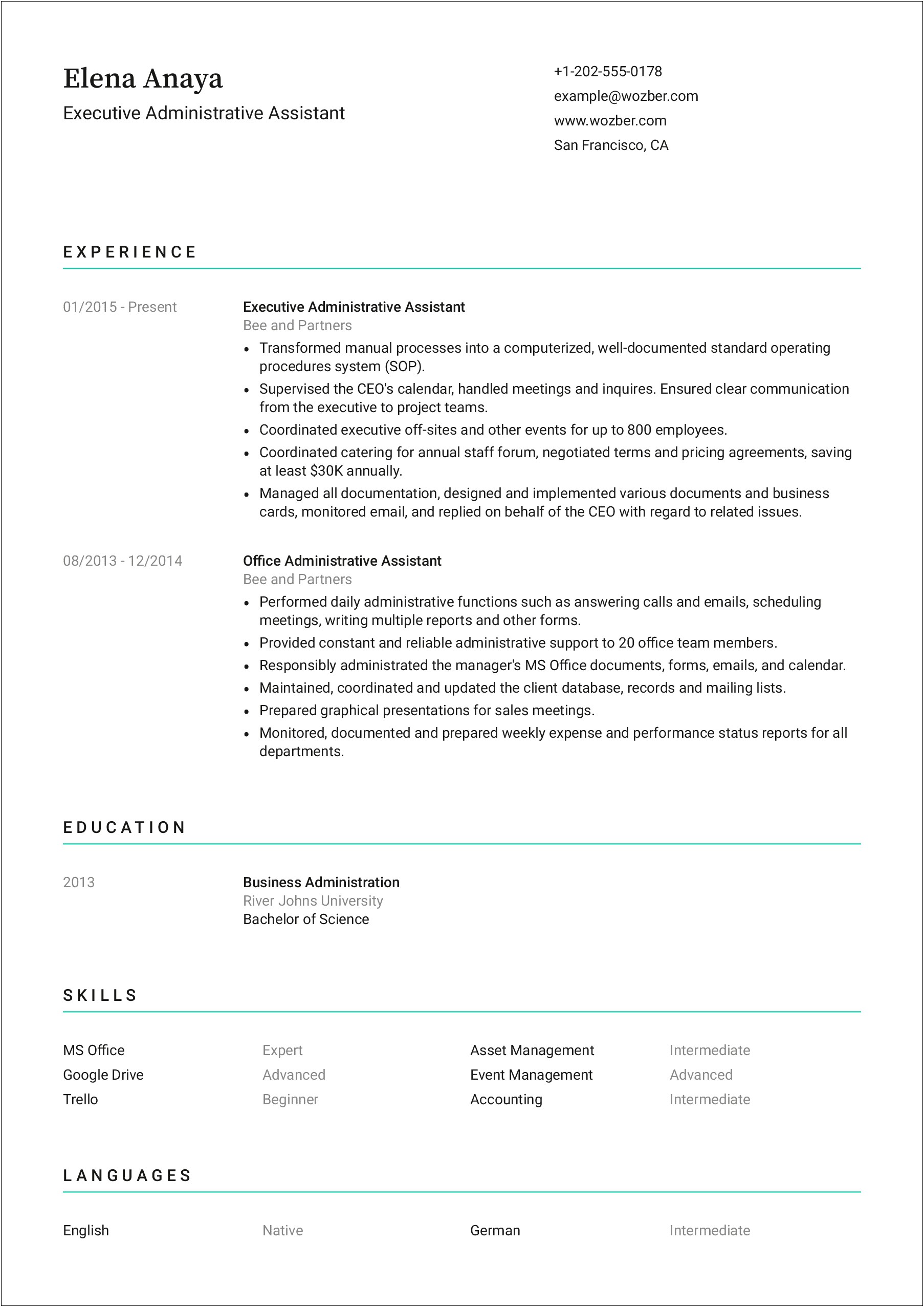 Resume Sample Format For Administrative Assistant