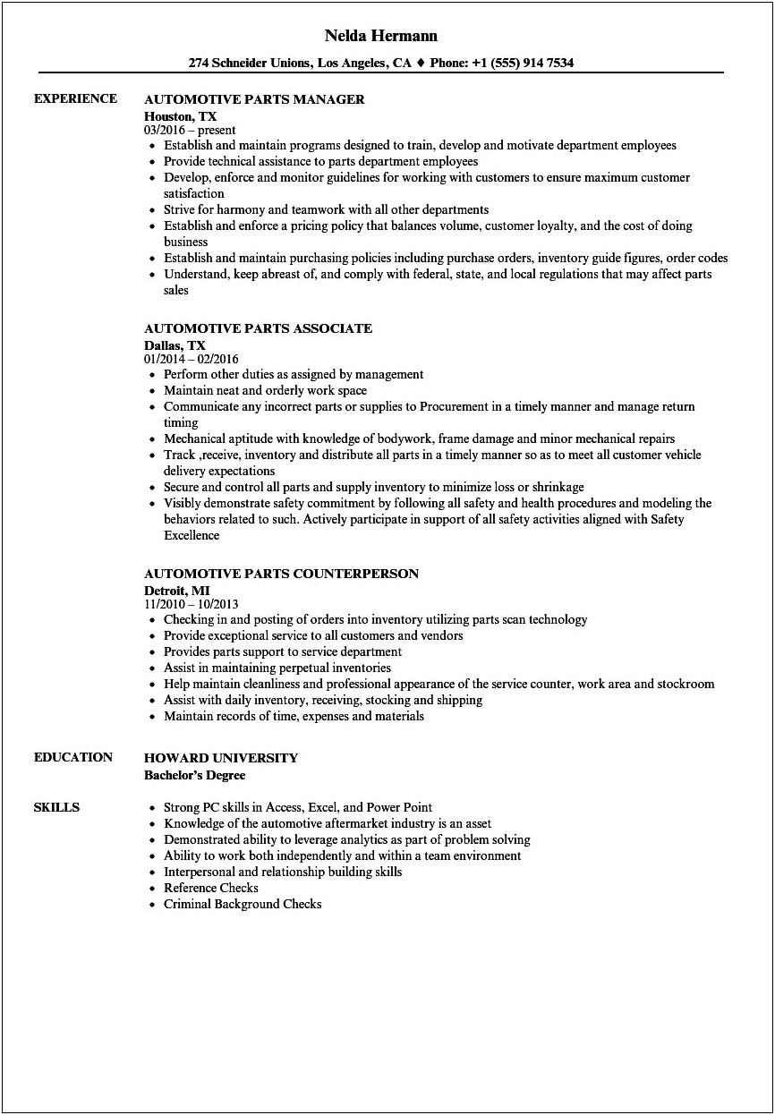 Resume Sample Goal For Auto Parts Salesperson