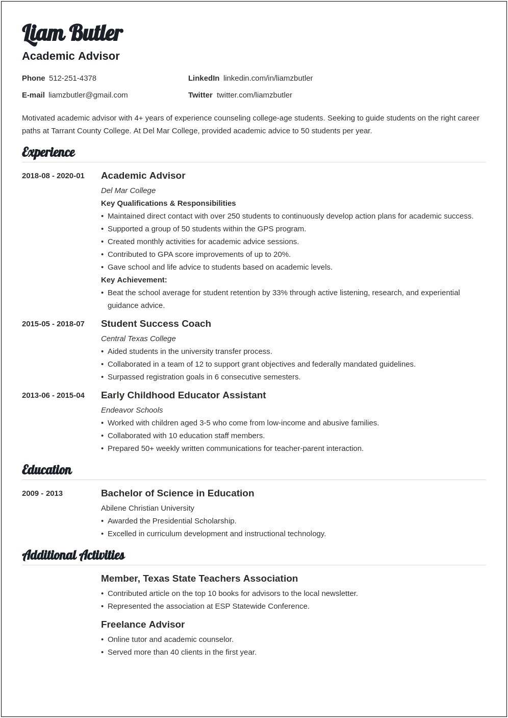 Resume Sample Of A College Advisor