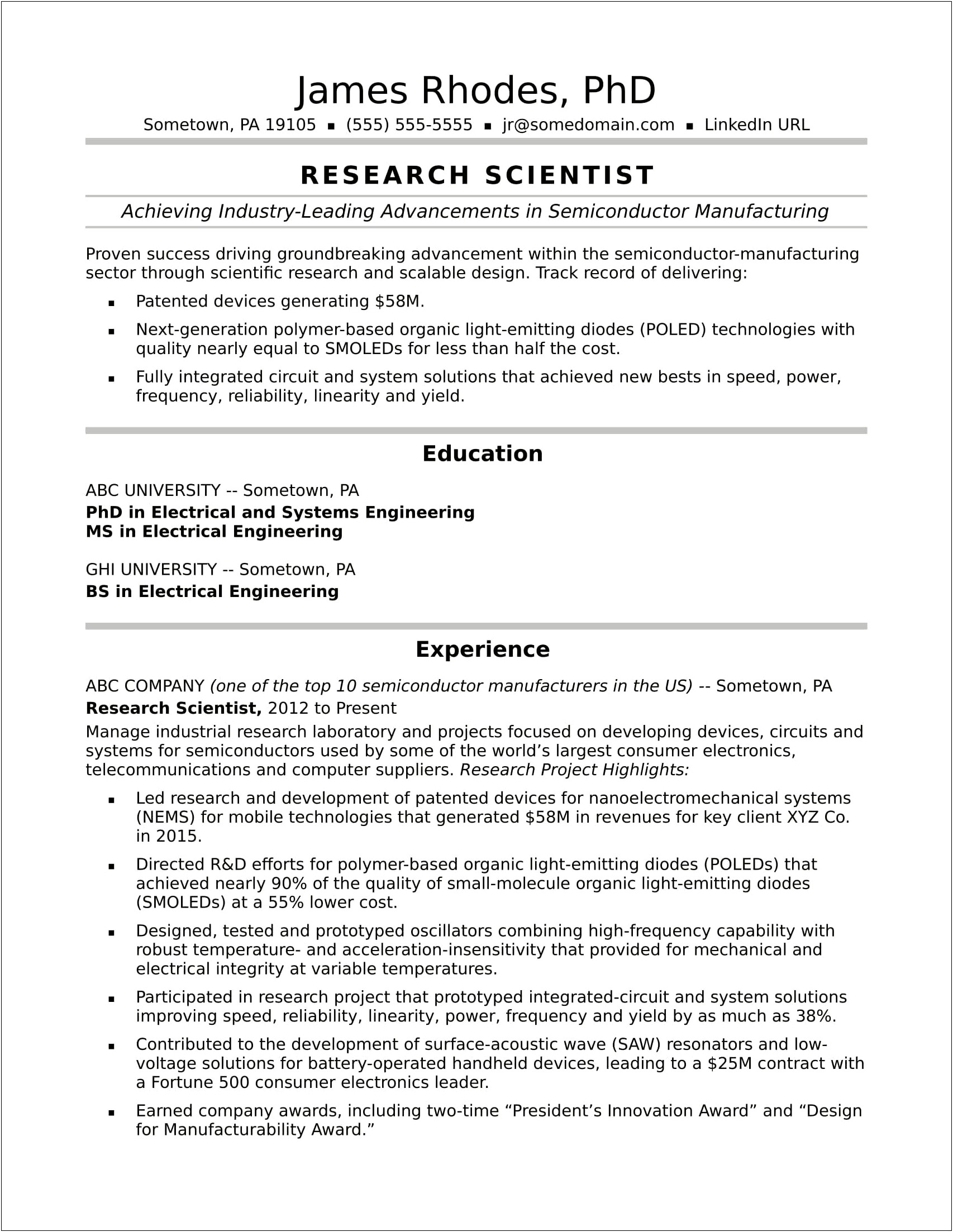 Resume Sample Of A Research Scientist