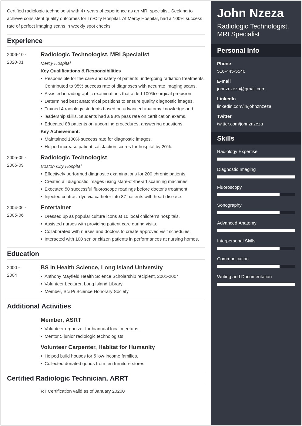 Resume Sample Of First Time Radiologic Technologist