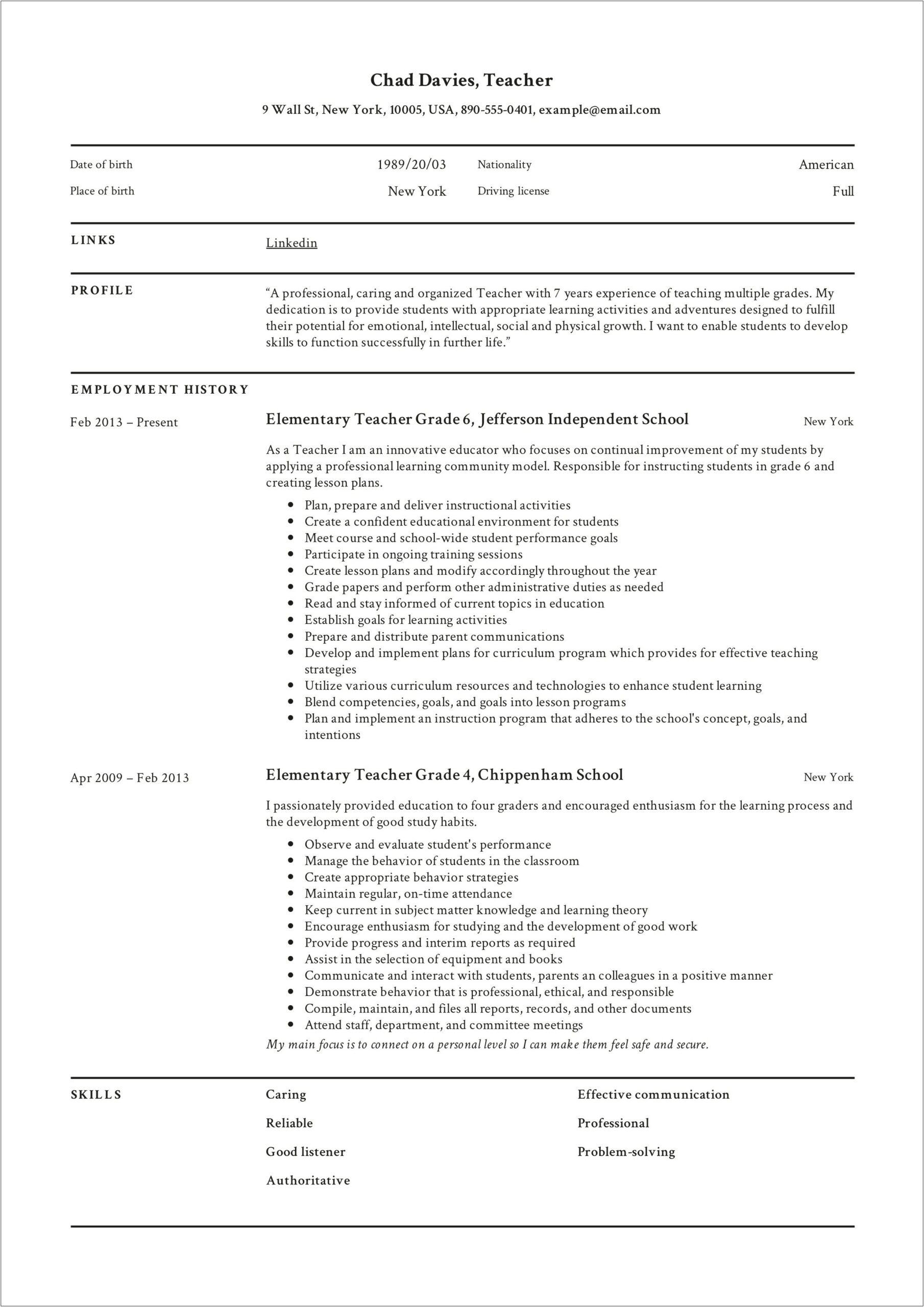 Resume Samples Download For Teachers With Experience