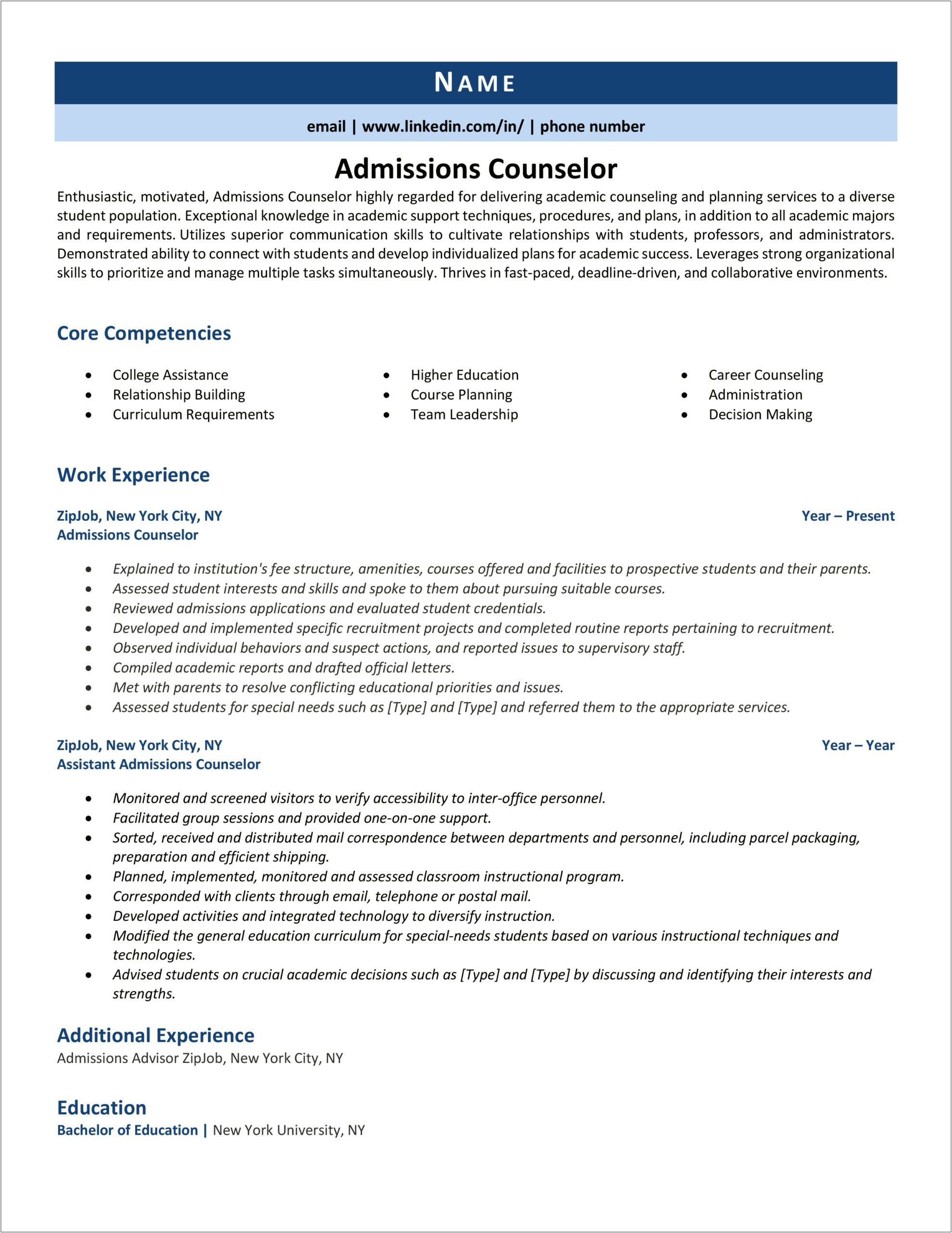 Resume Samples For An Admissions Counselor