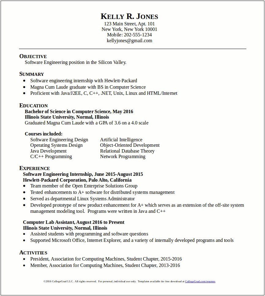 Resume Samples For College Students Free Download