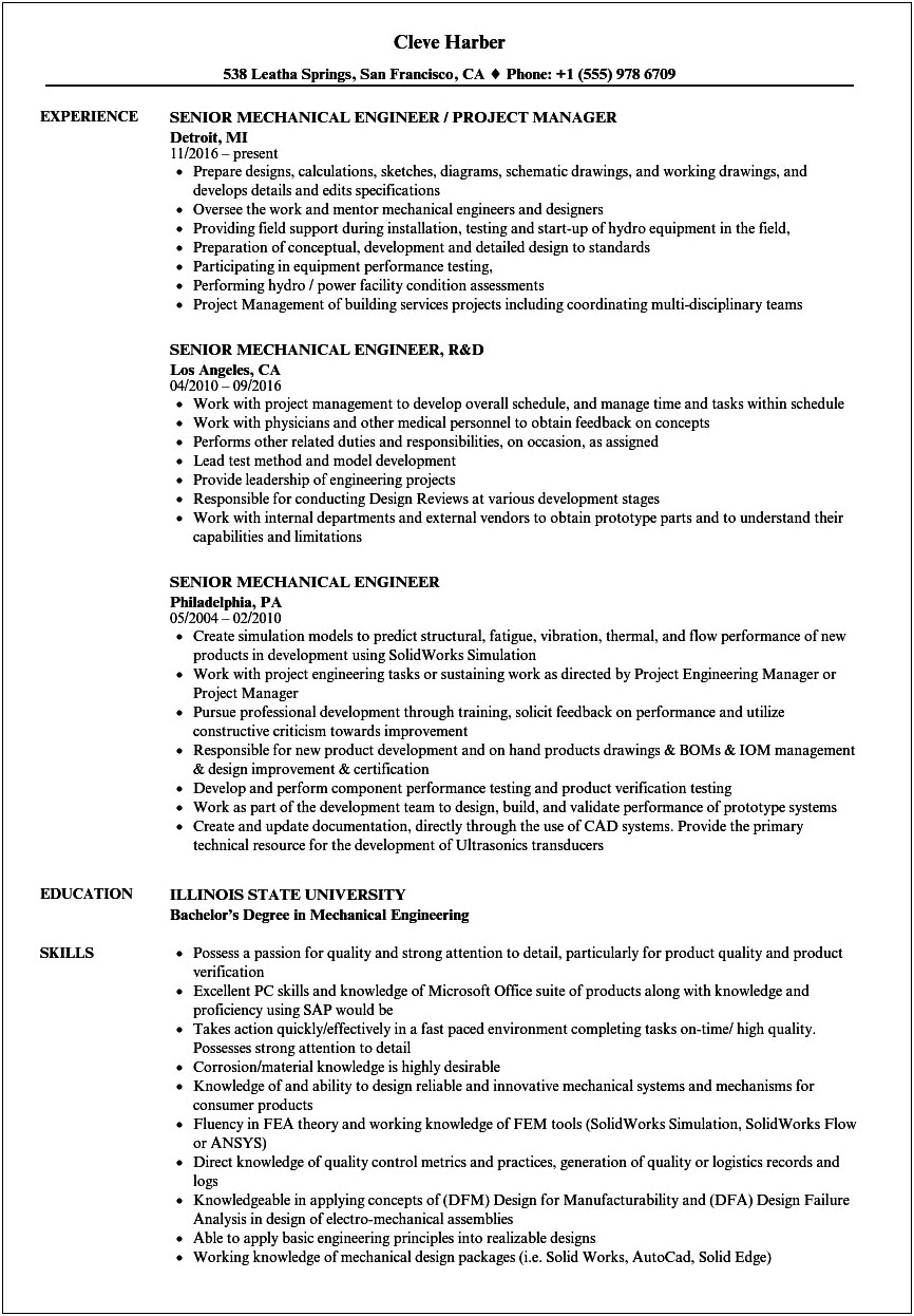 Resume Samples For Experienced Mechanical Engineers Pdf
