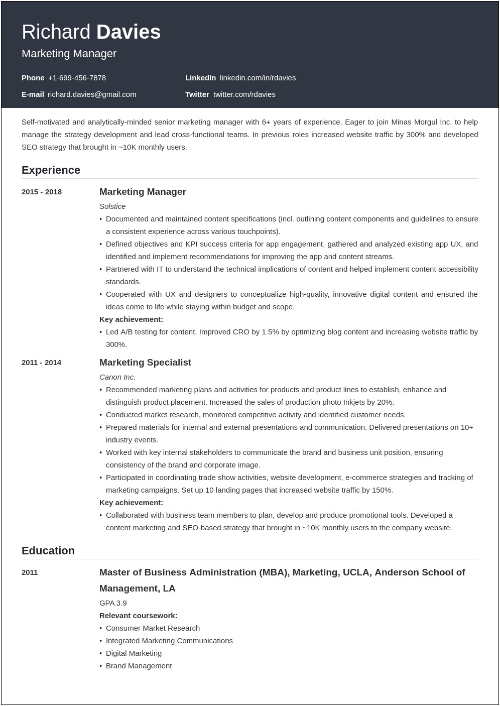 Resume Samples For Experienced Professionals In Marketing