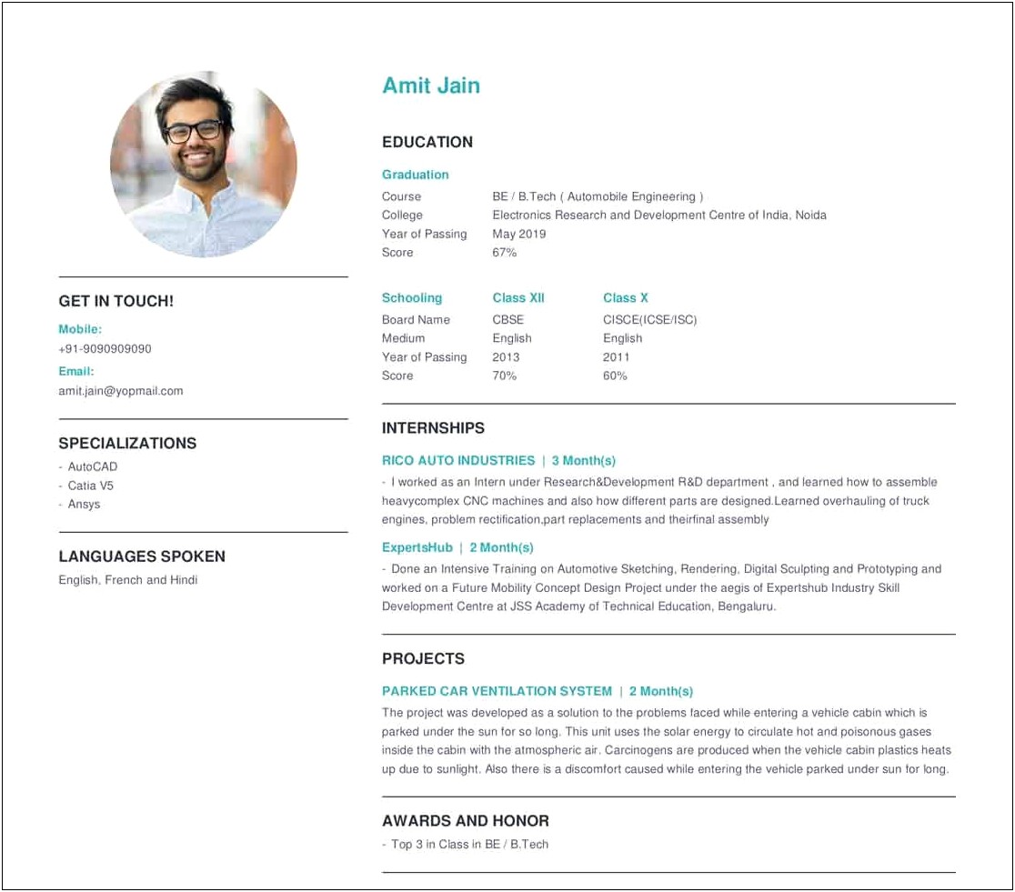 Resume Samples For Freshers Engineers India