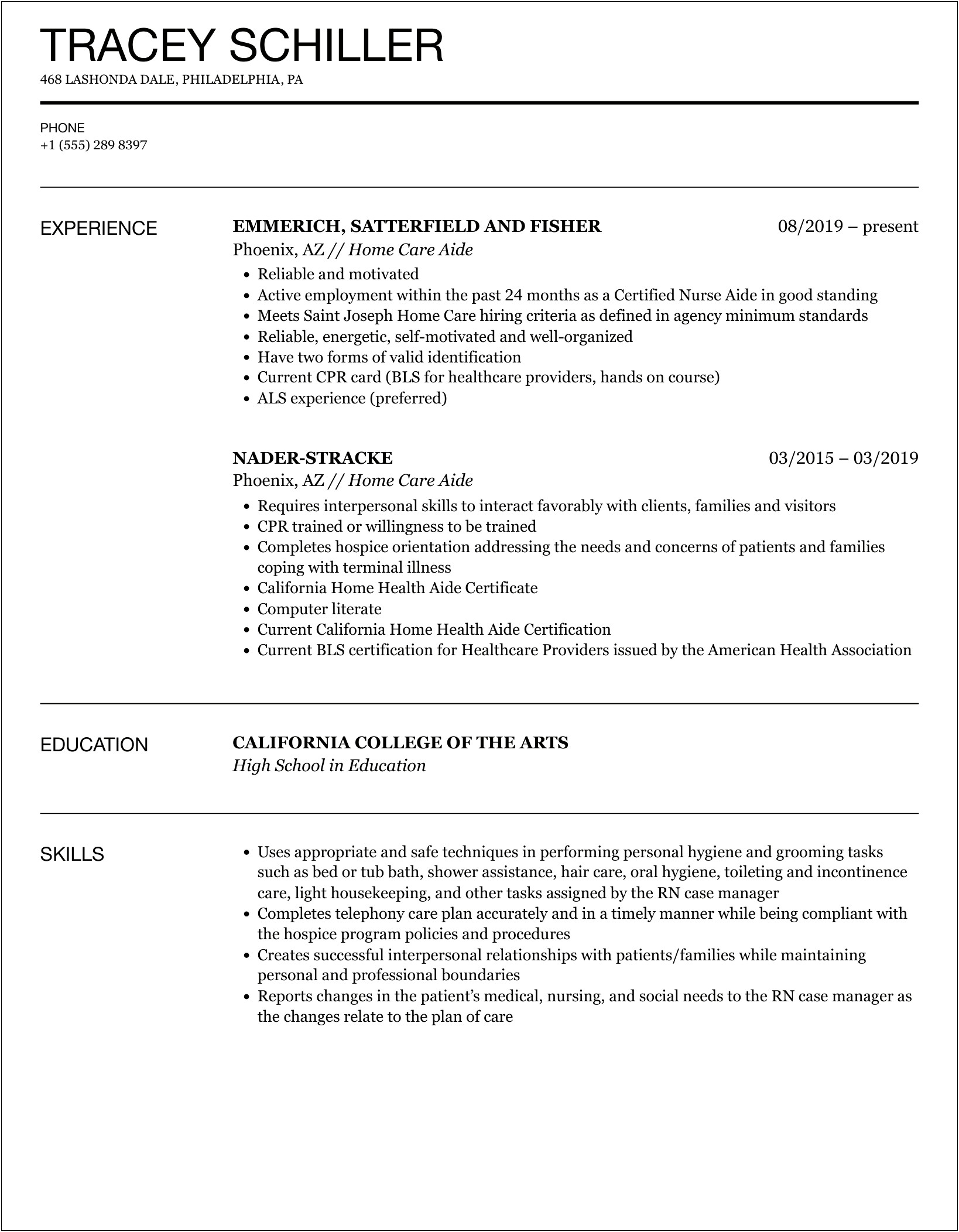 Resume Samples For Home Care Aide