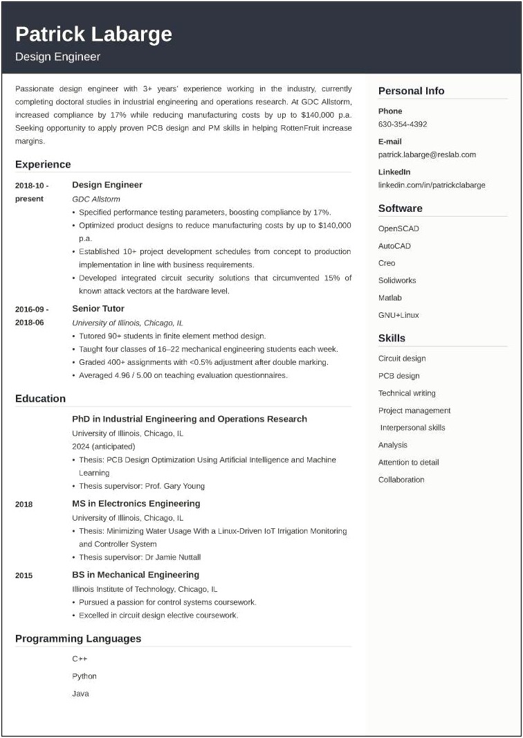 Resume Samples For Industry Computer Science Phd Application