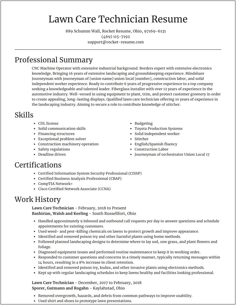 Resume Samples For Lawn Care Worker