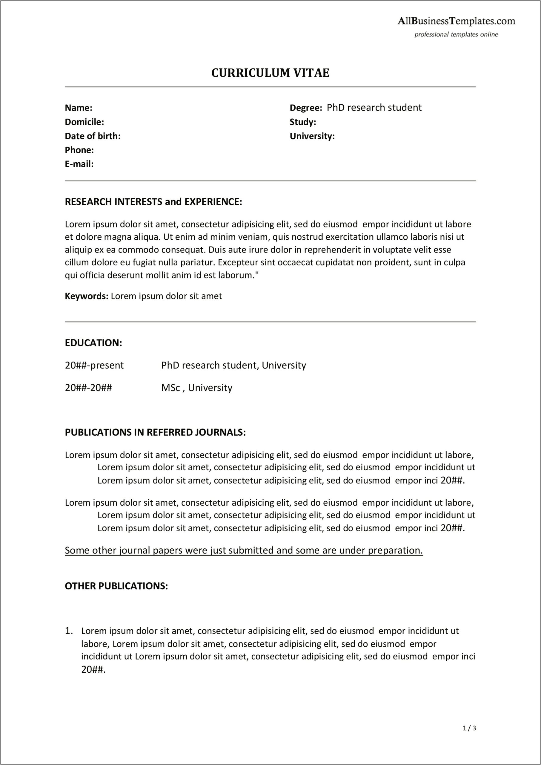 Resume Samples For Phd Application Industry