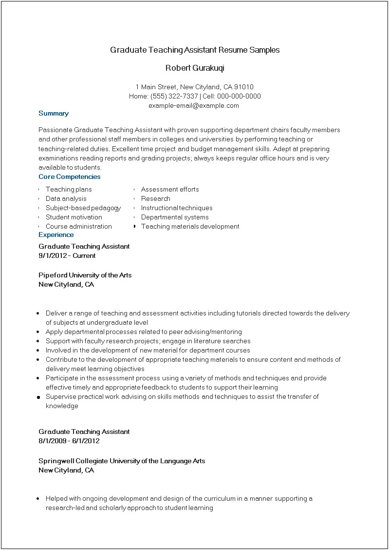 Resume Samples For Ta For Graduate Students