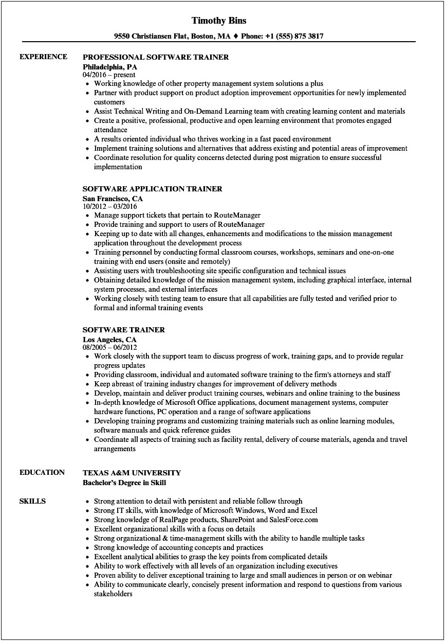 Resume Samples For Training Specialist