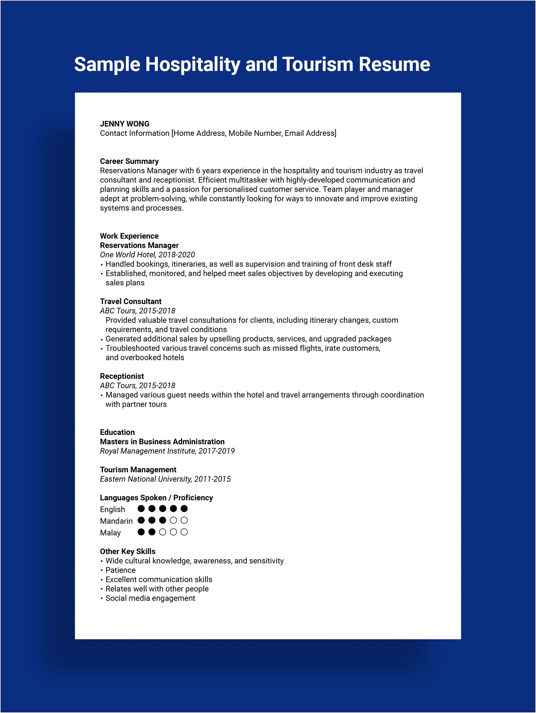 Resume Samples For Travel And Tourism