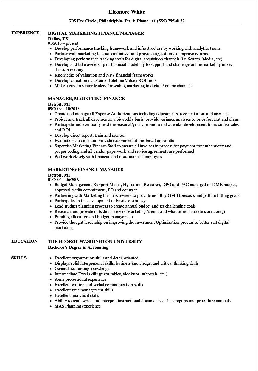 Resume Skill Examples For A Finance Major