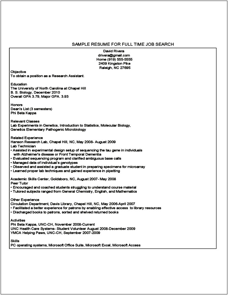 Resume Skill S Of Biology Reasearch Student