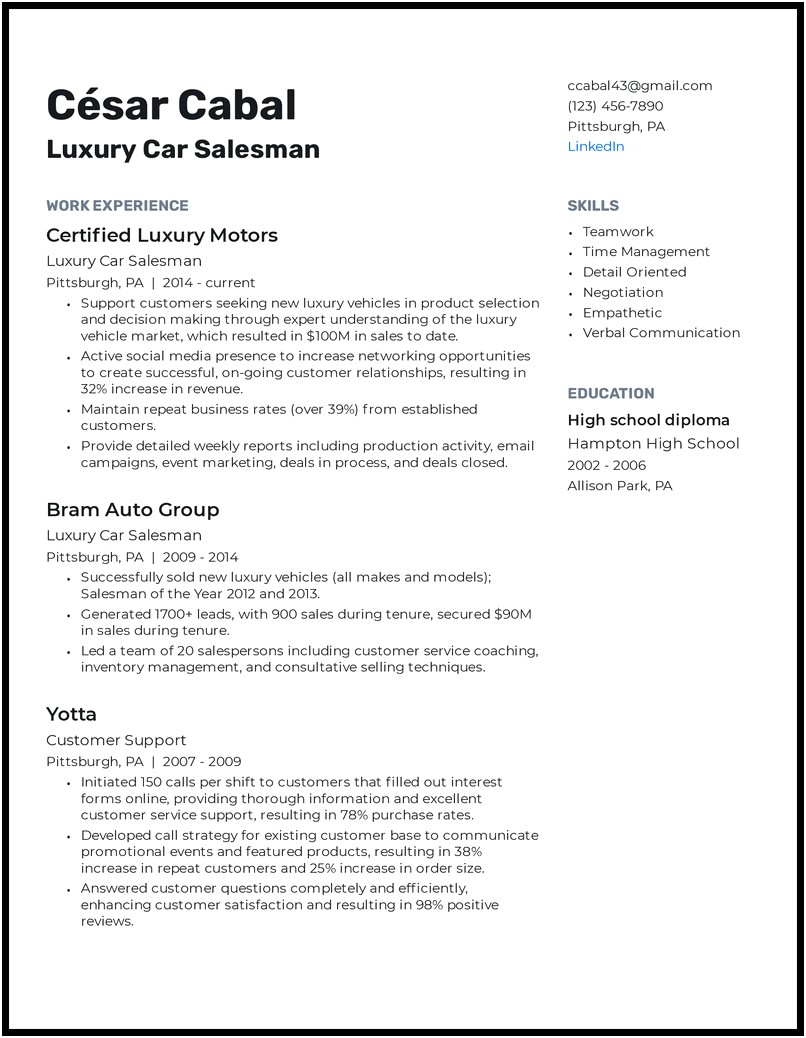 Resume Skills Examples Of Car Sales Manager