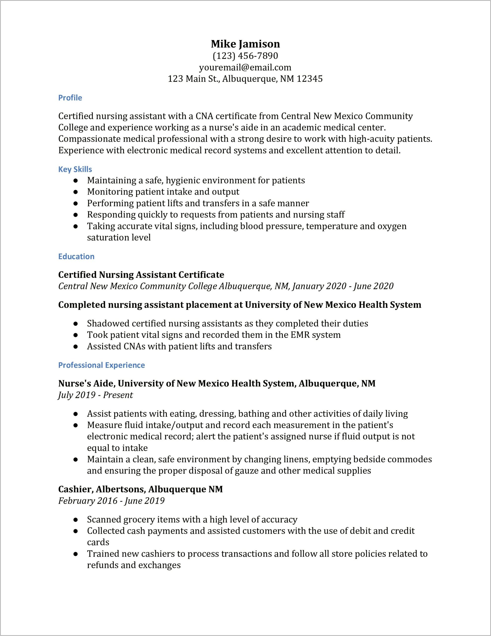 Resume Skills For Certified Nursing Assistant