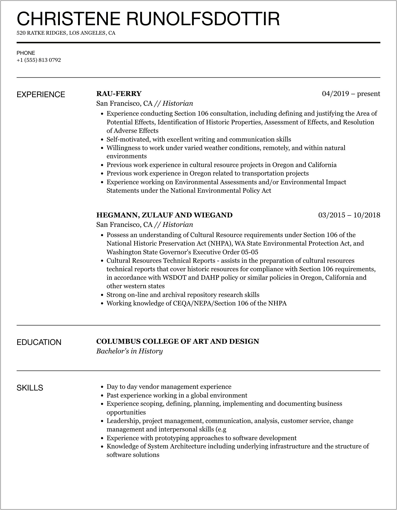 Resume Skills For History With Serving