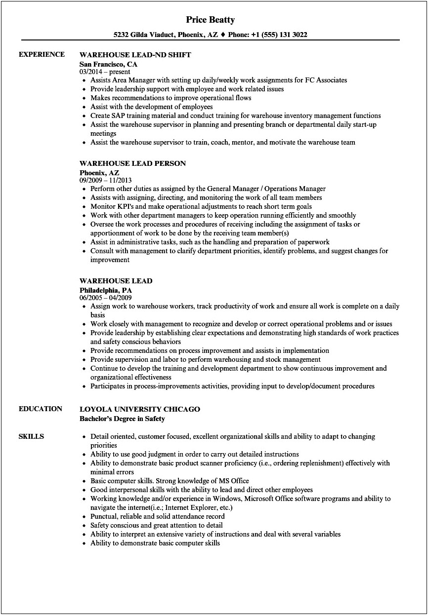 Resume Skills For Warehouse Associate Move Inventory