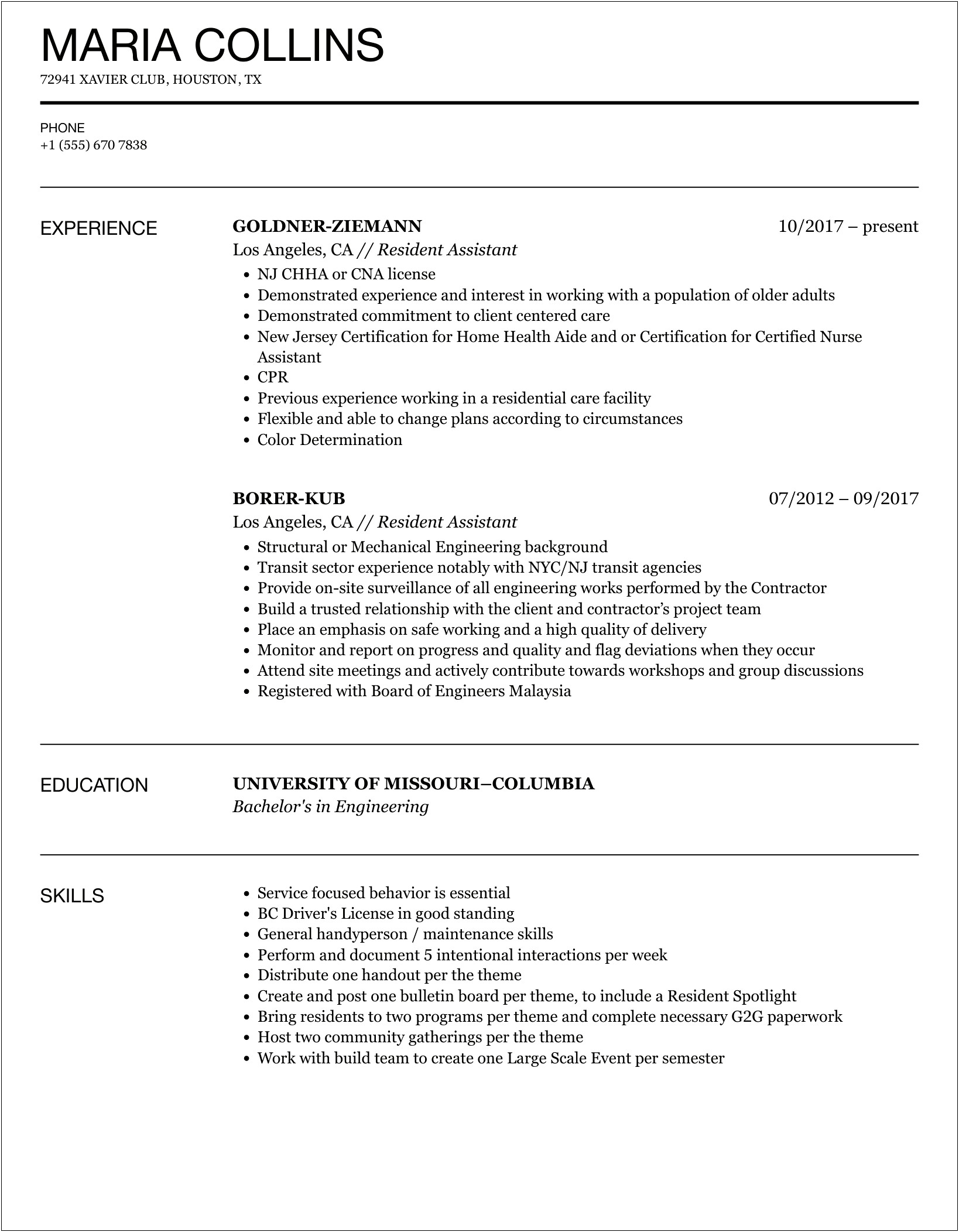 Resume Skills To Write For A Resident Assistant