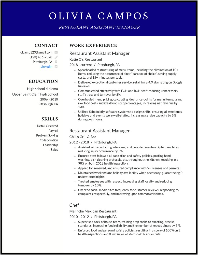 Resume Summary Applying Assistant Manager Restaurant