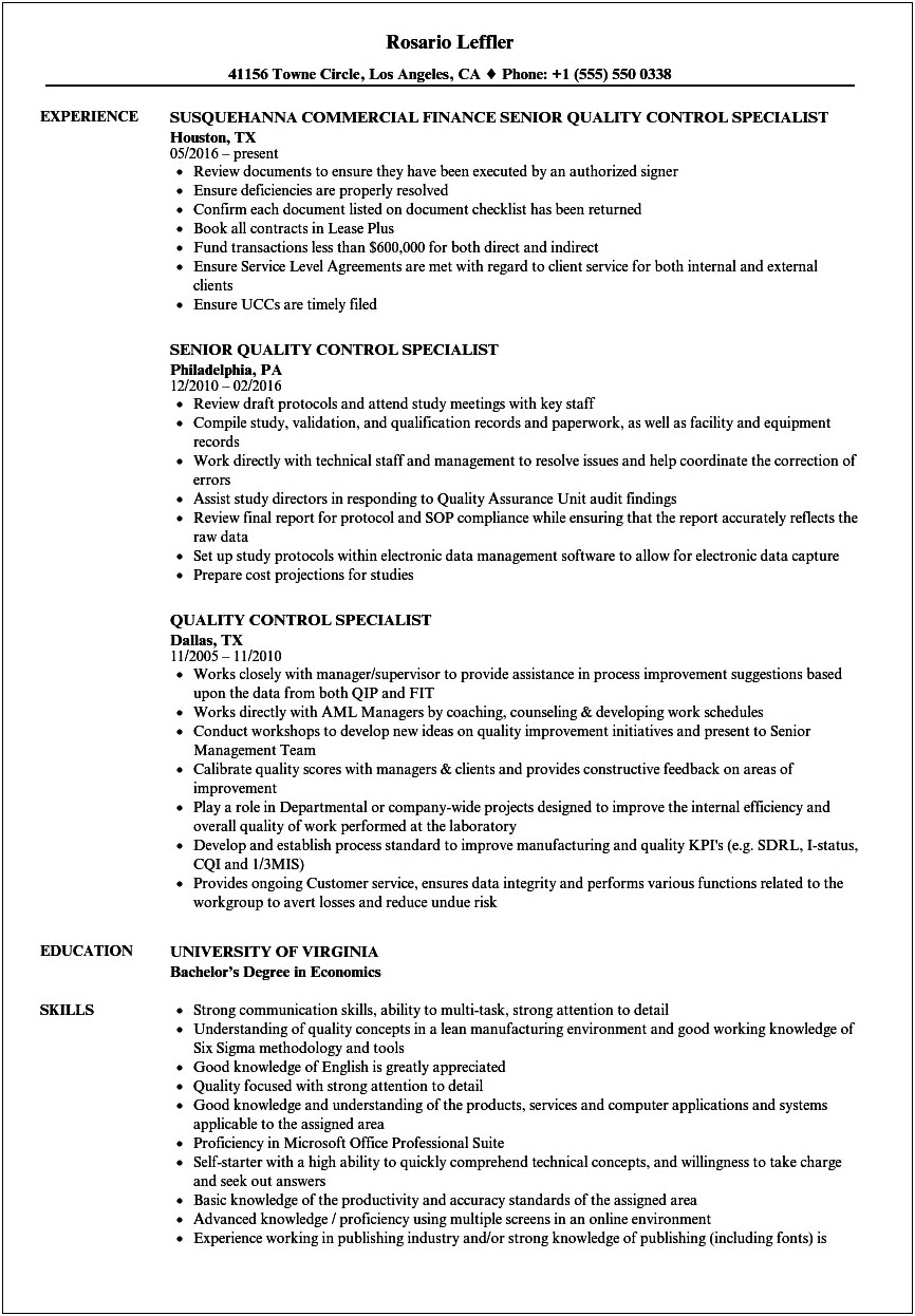 Resume Summary Automotive Quality Control Samples
