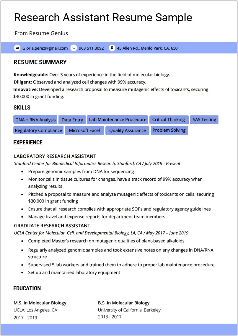 Resume Summary Entry Level Lab Technician Assistnat