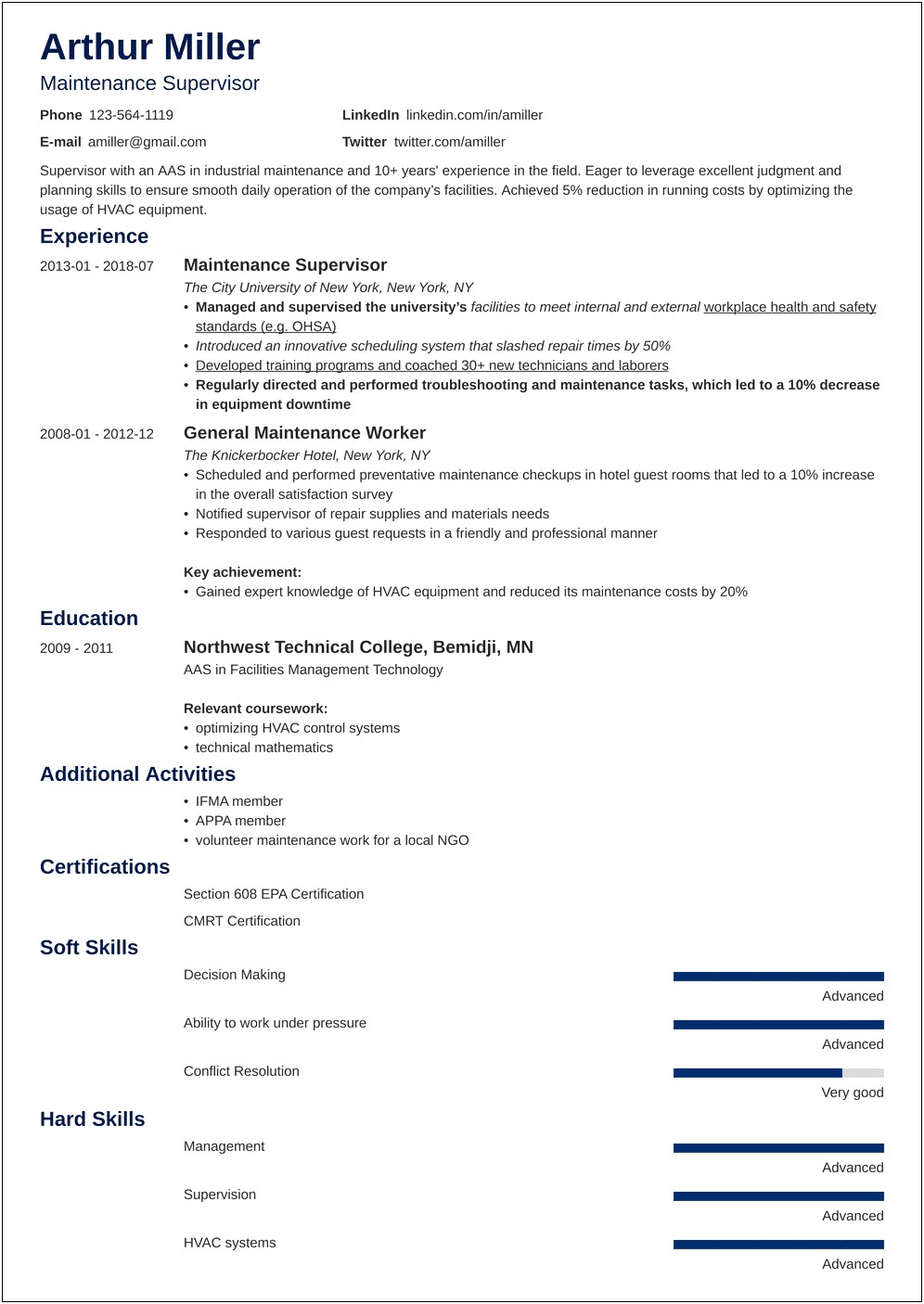 Resume Summary Example For Maintenance Manager