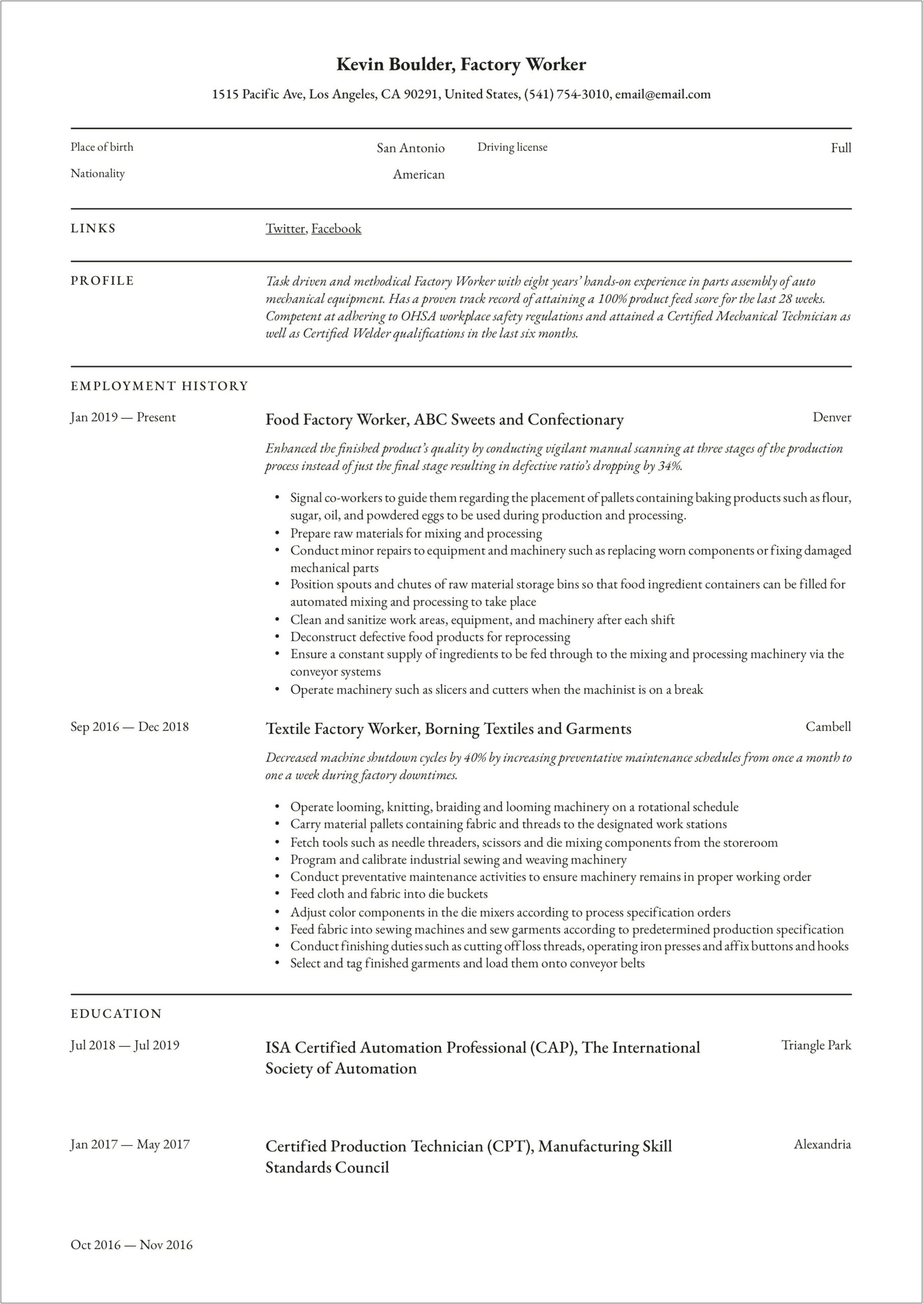 Resume Summary Examples For Assembly Worker