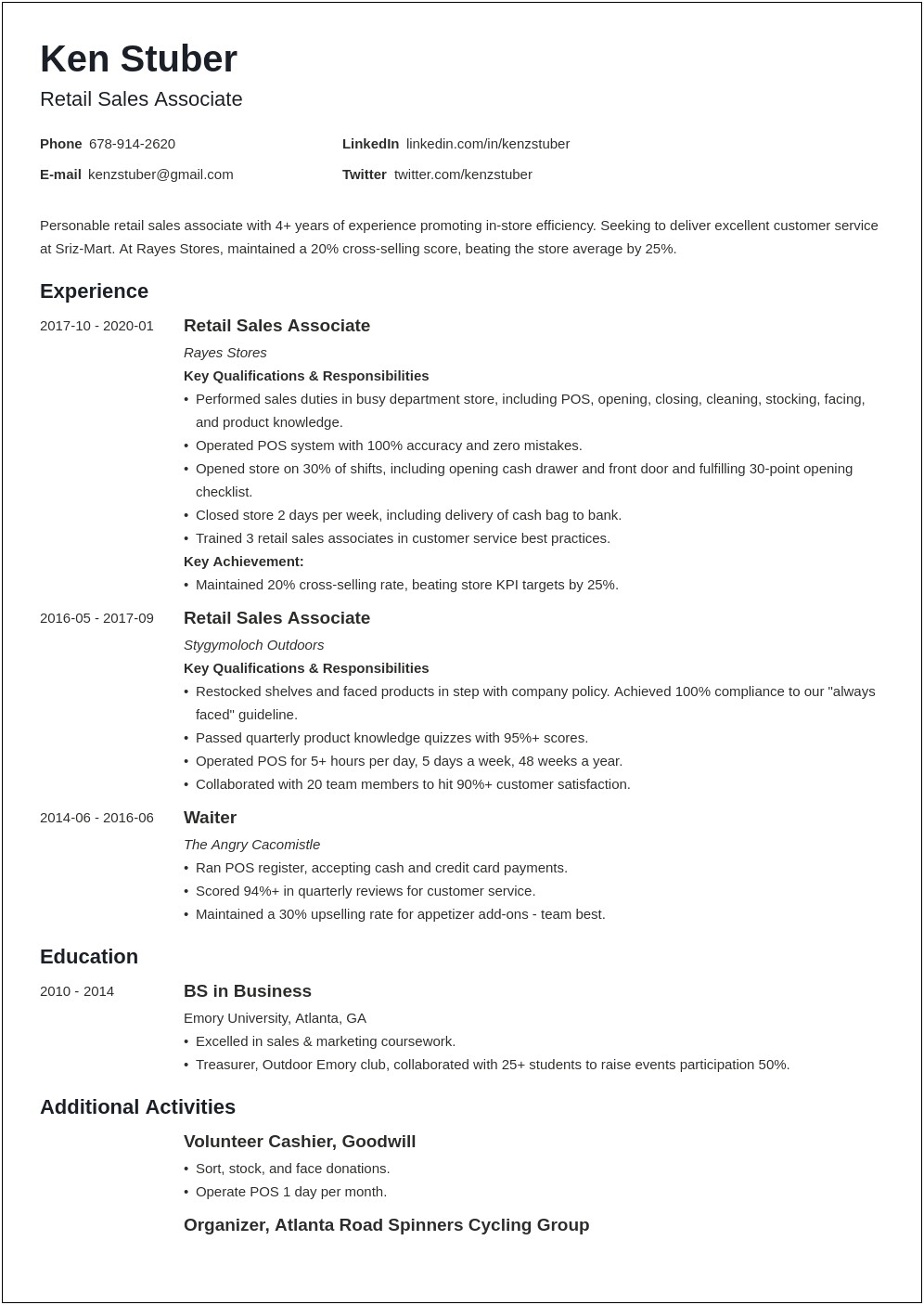 Resume Summary Examples For Clothing Retail