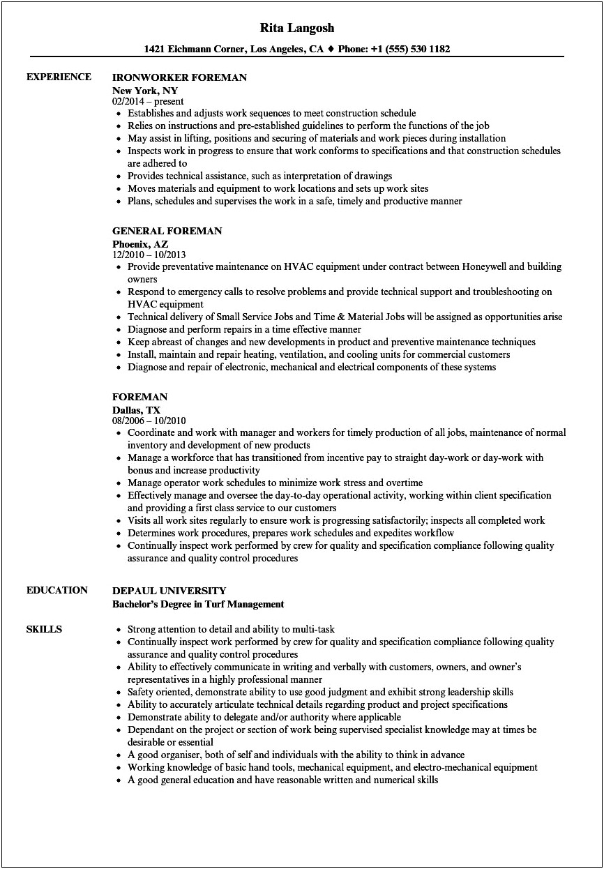Resume Summary Examples For Construction Foreman