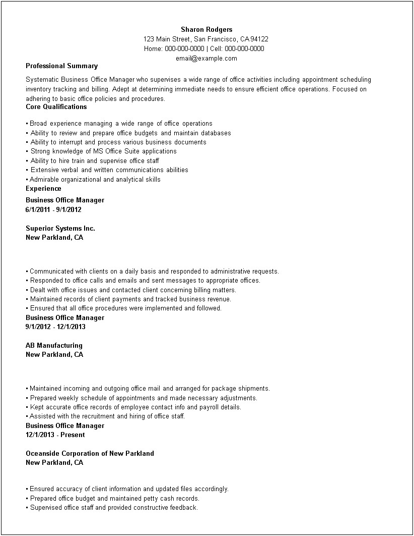 Resume Summary Examples For Front Office Manager