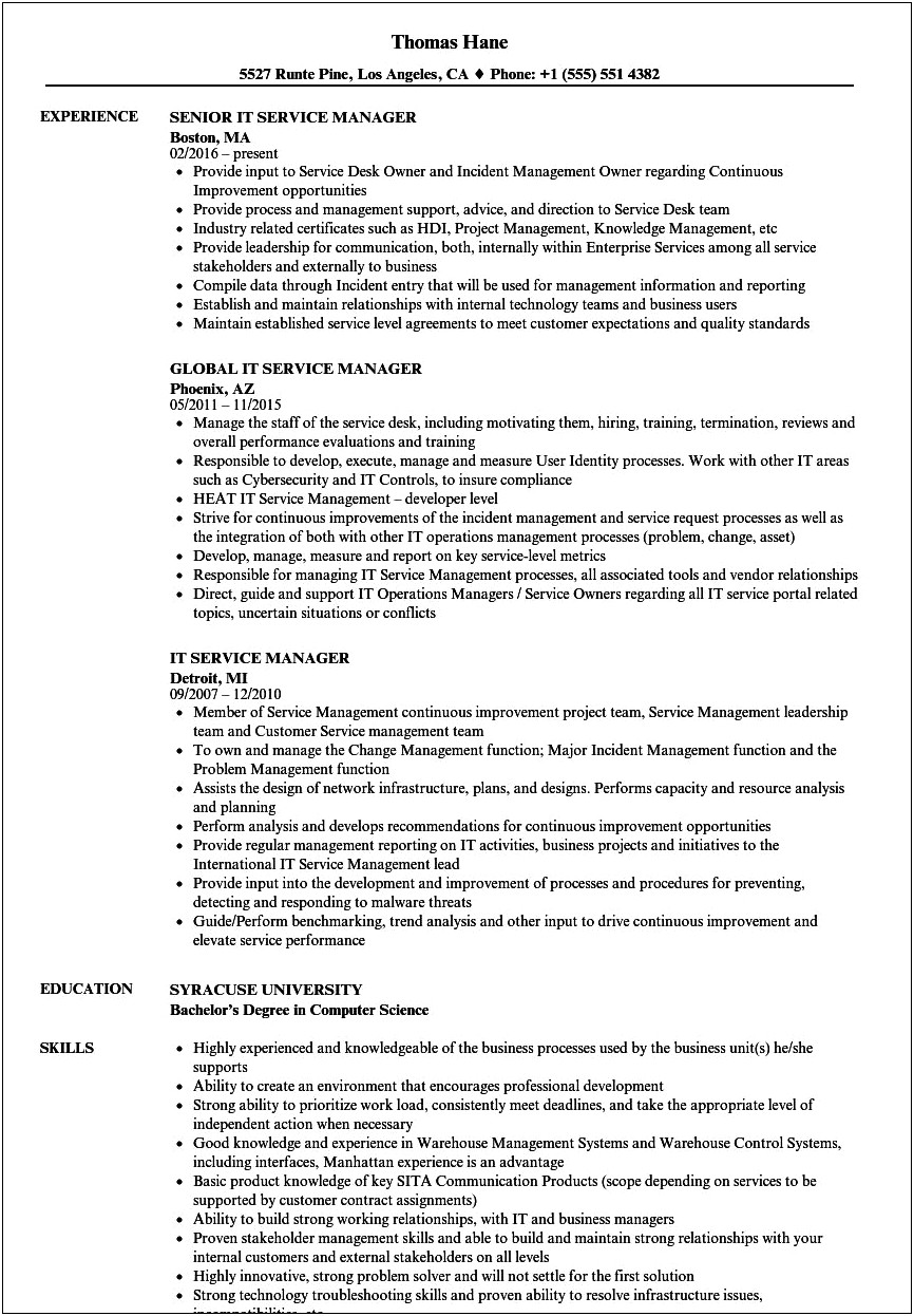 Resume Summary Examples For Itsm Administrator