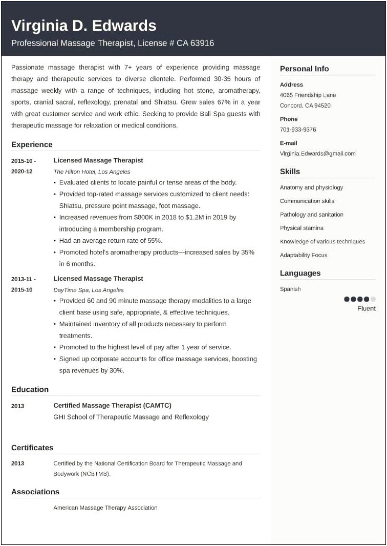 Resume Summary Examples For Massage Therapist