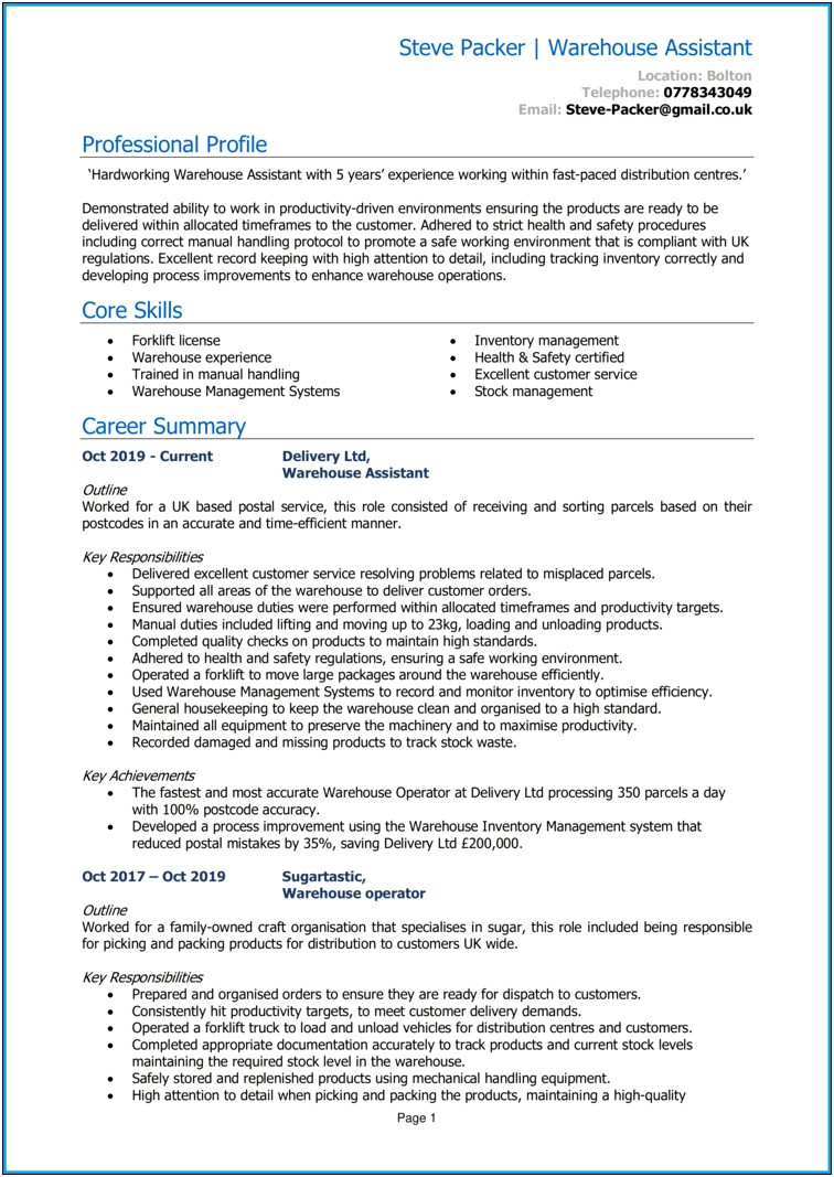 Resume Summary Examples For Stockroom Worker