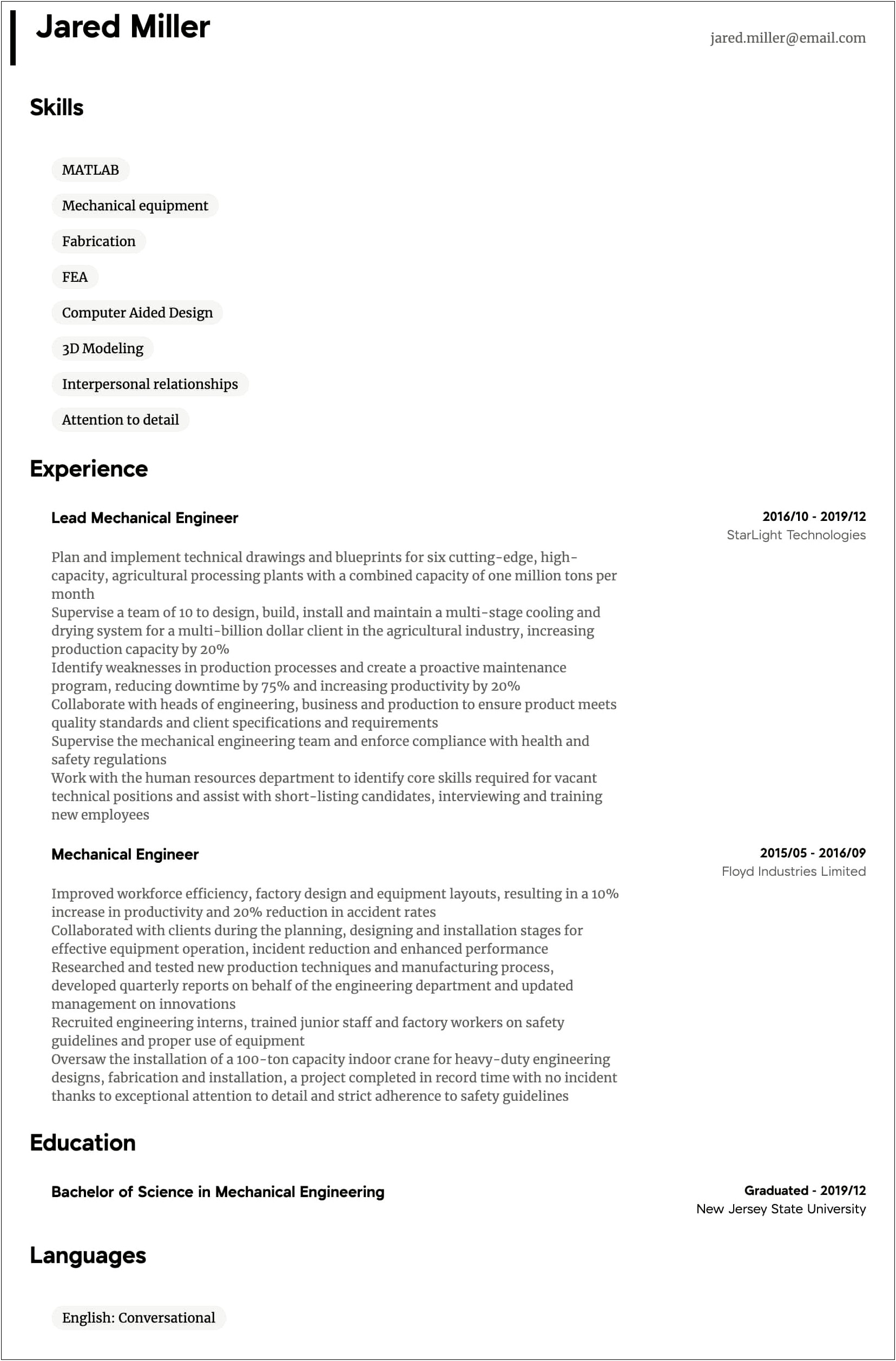 Resume Summary Expample For Mechanical Engineer