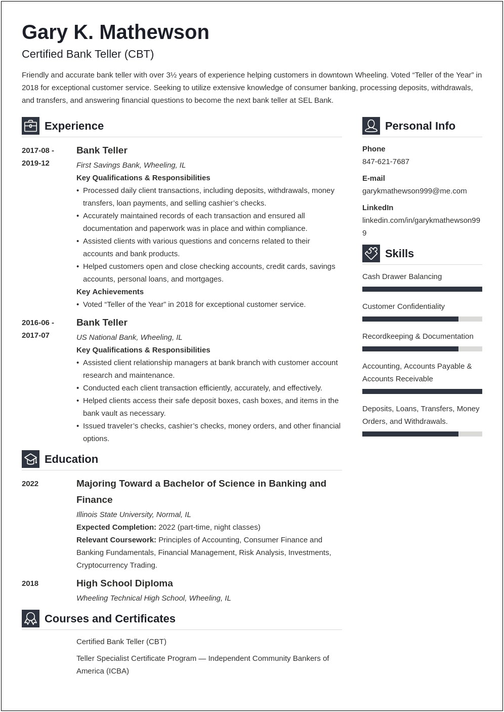 Resume Summary For A Bank Teller