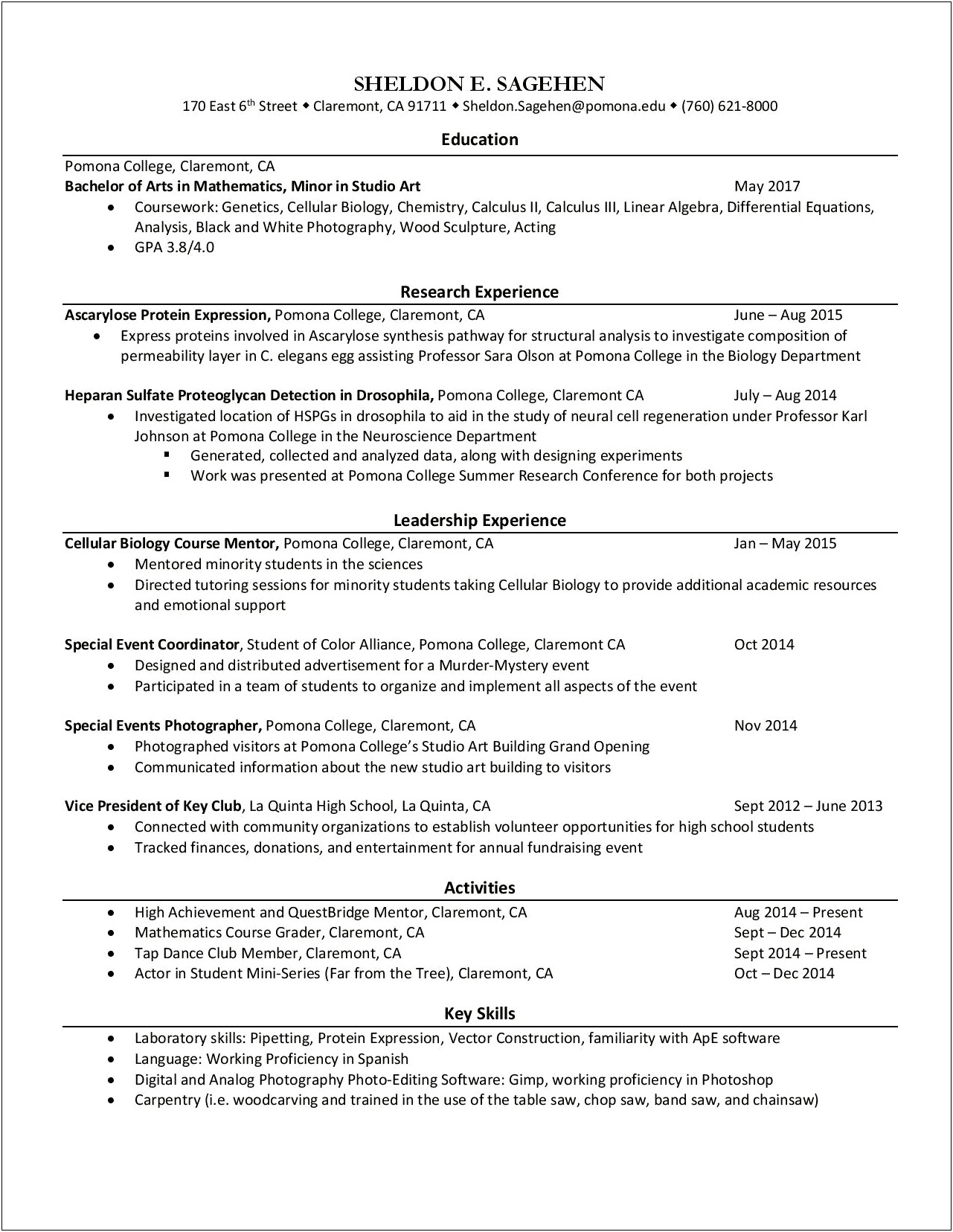 Resume Summary For A Biology Major