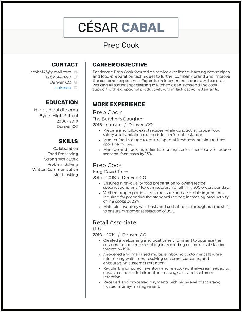 Resume Summary For A Line Cook