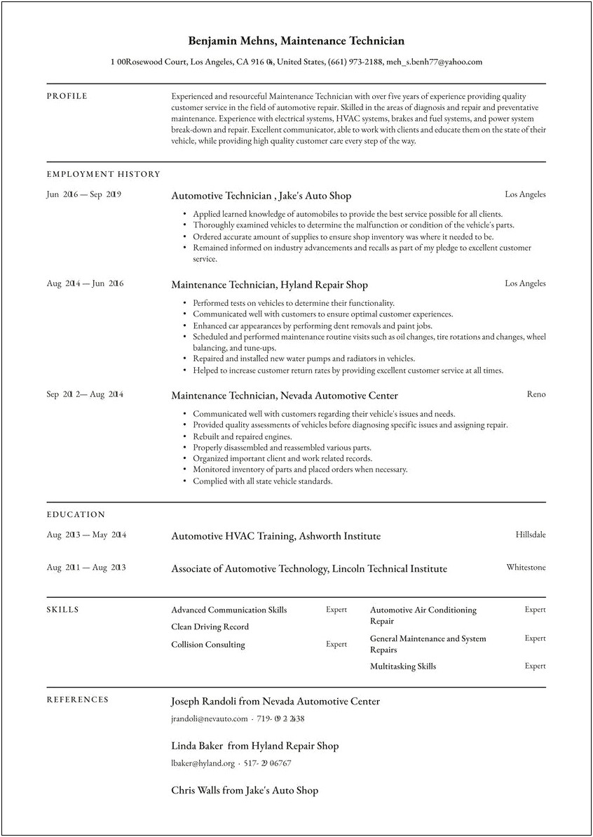 Resume Summary For A Property Maintenance Technition