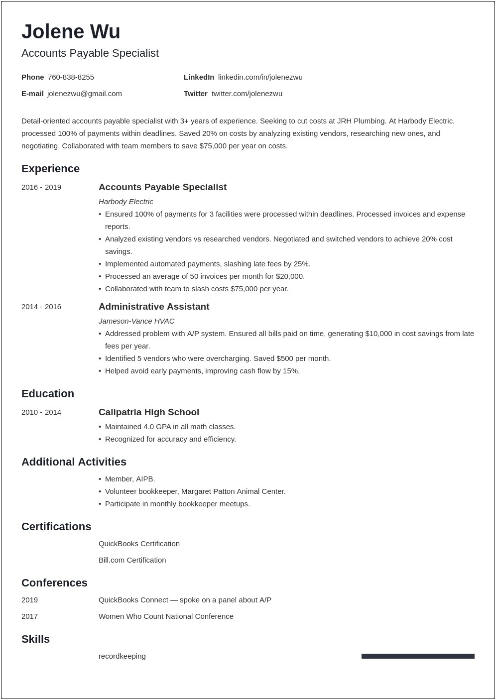 Resume Summary For Accounts Payable Position