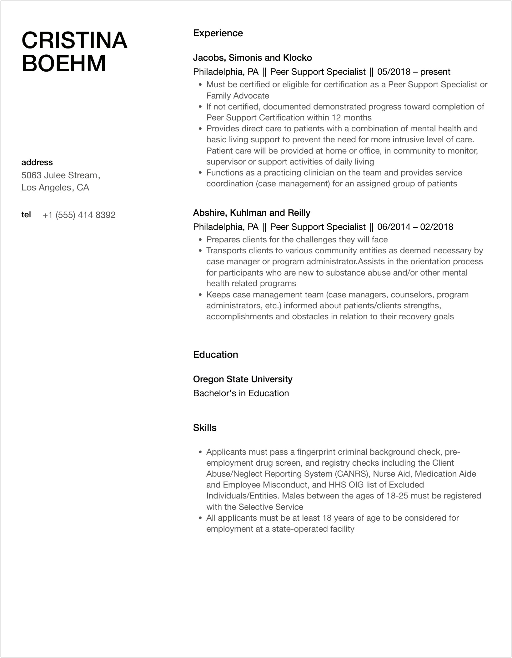 Resume Summary For An Ohio Certified Peer Supporter