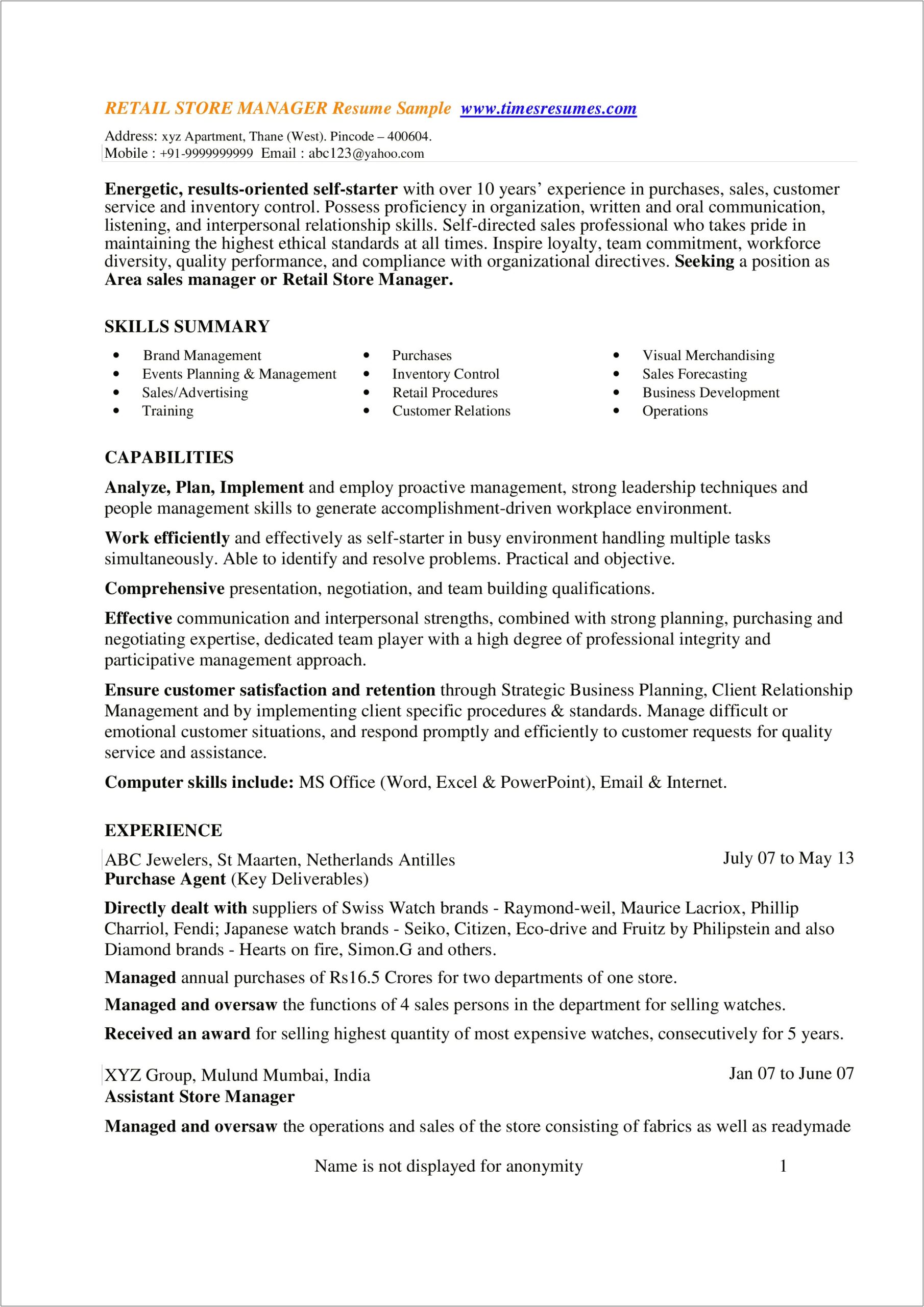 Resume Summary For Area Sales Manager