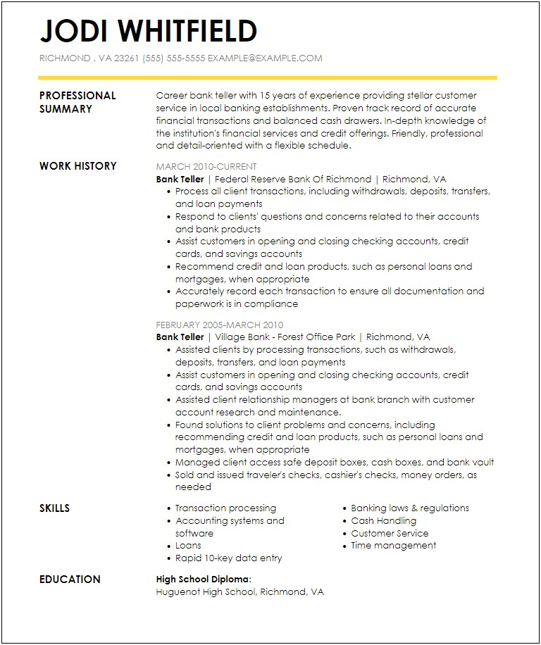 Resume Summary For Bank Teller Position