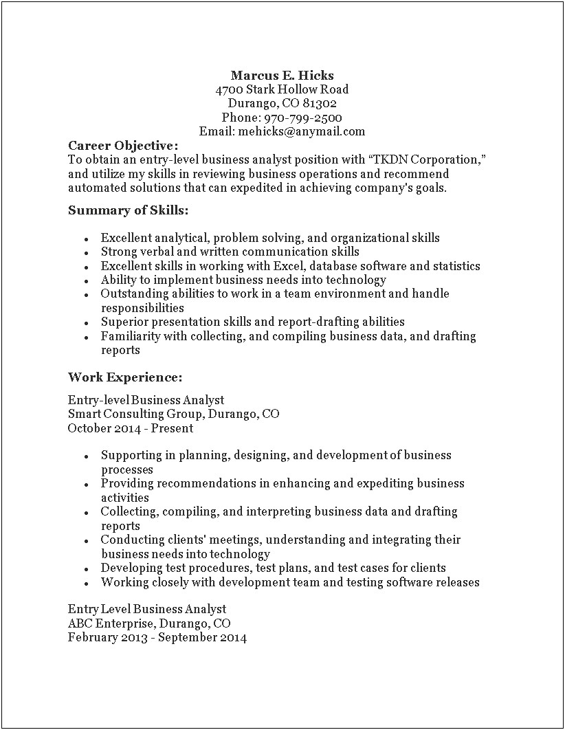 Resume Summary For Business Analyst Role