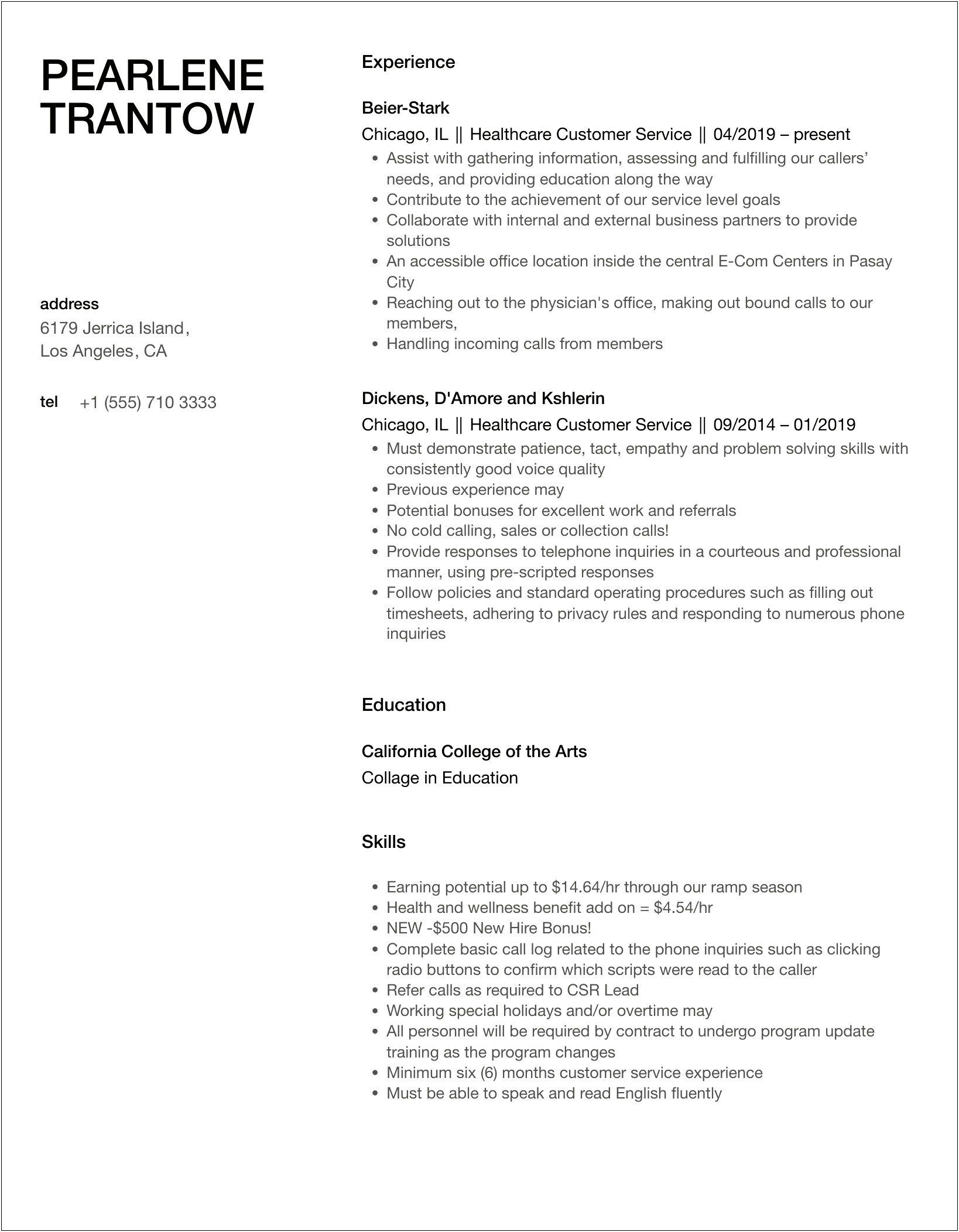 Resume Summary For Customer Service & Health Care